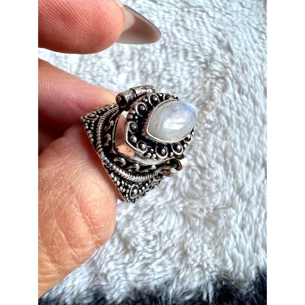 925 Rainbow FLASH Moonstone Poison Ring 9.5, - Picture 8 of 13